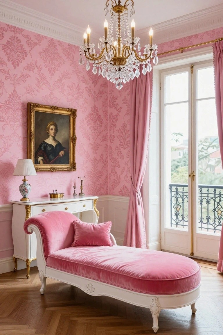Pink Rococo-style bedroom corner with a white and pink velvet chaise lounge, white console table holding a lamp and candlesticks, gold-framed portrait on pink damask wallpaper, chandelier overhead, and French doors with pink drapes.