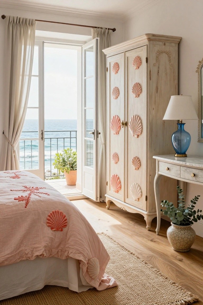 Bedroom interior with a white armoire decorated with pink seashell motifs on the doors, pink bedspread embroidered with red and shell designs, open French doors to a balcony overlooking the ocean, wooden floors, seagrass rug, blue glass lamp, and potted plants.