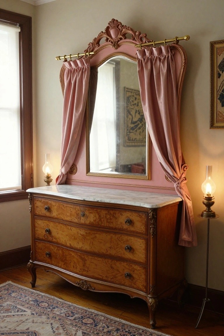 A pink ornate Rococo mirror with pink velvet curtains draped over the sides above a wooden dresser with marble top in a bedroom corner, flanked by two brass oil lamps on wooden floor with patterned rug.