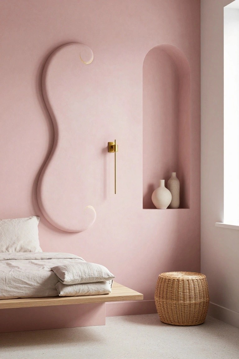 Pink bedroom with wavy curved wall forming headboard behind floating bed with white linen bedding, gold wall sconce, arched niche holding two white vases, wicker stool, and white window beside terrazzo floor.