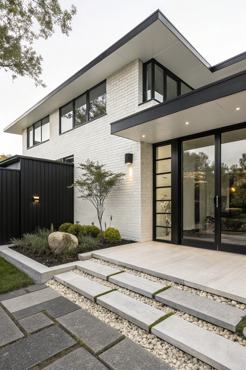 Modern two-story house exterior with white brick walls, black vertical cladding on the side, black-framed glass entry doors, concrete steps with pebble accents, and low landscaping near the entrance.