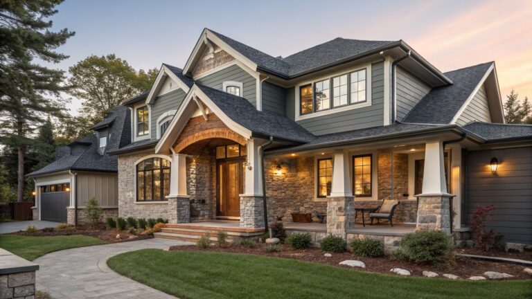 Two-story house exterior featuring gray horizontal siding, darker gray shingle gables, white trim, stone foundation and porch columns, wooden front door, covered porch, attached wood garage door, paver walkway, and low landscaping at dusk.