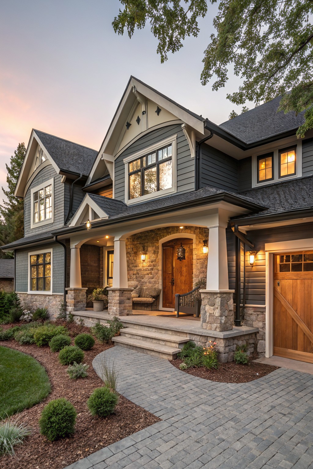 Two-story house exterior featuring gray horizontal siding, darker gray shingle gables, white trim, stone foundation and porch columns, wooden front door, covered porch, attached wood garage door, paver walkway, and low landscaping at dusk.