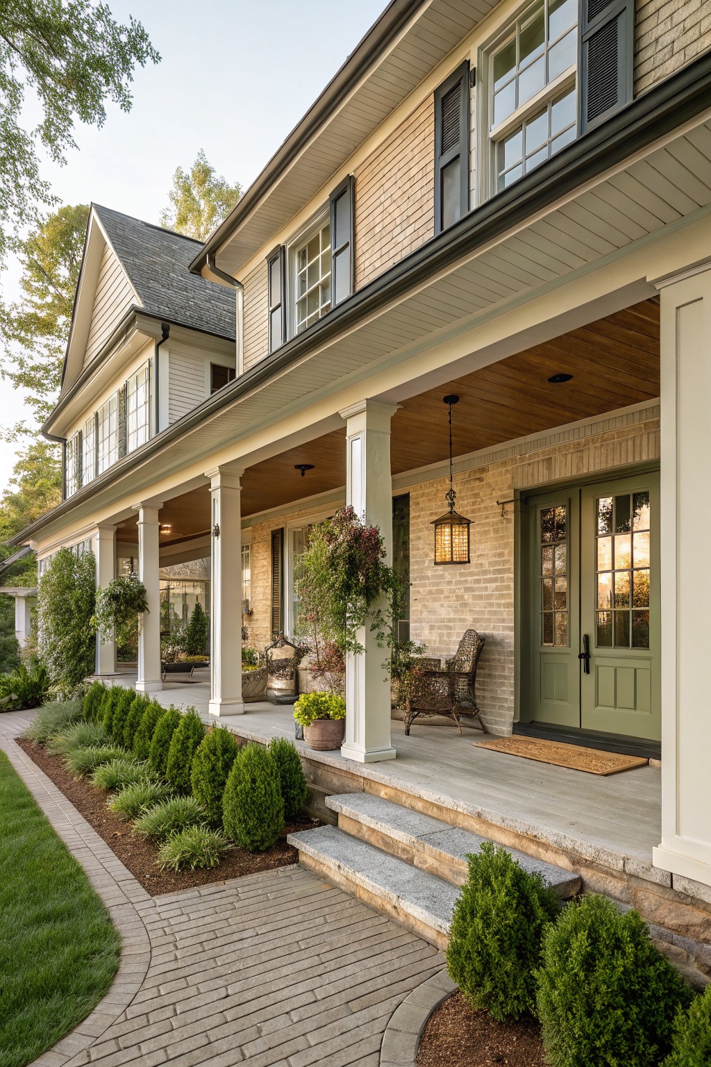 Light tan brick house exterior with white clapboard siding on upper levels, covered front porch supported by white columns, green double front doors, wicker chair and plants on porch, stone steps, brick path, and boxwood shrubs in landscaped bed.