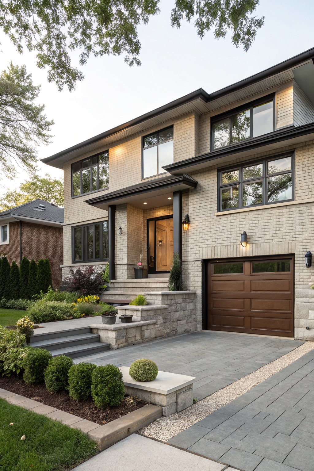 A modern two-story house with light beige brick exterior, large black-framed windows, dark brown wooden garage door, stone steps to the entry, and front yard landscaping with shrubs, flowers, and pavers.