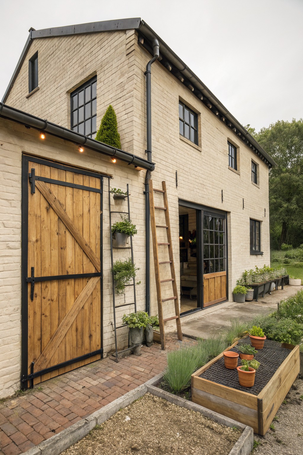 Side exterior of a beige brick house with black metal-framed windows and doors, wooden barn-style garage doors, wall-mounted ladder planters, string lights, and a wooden raised garden bed with potted herbs.