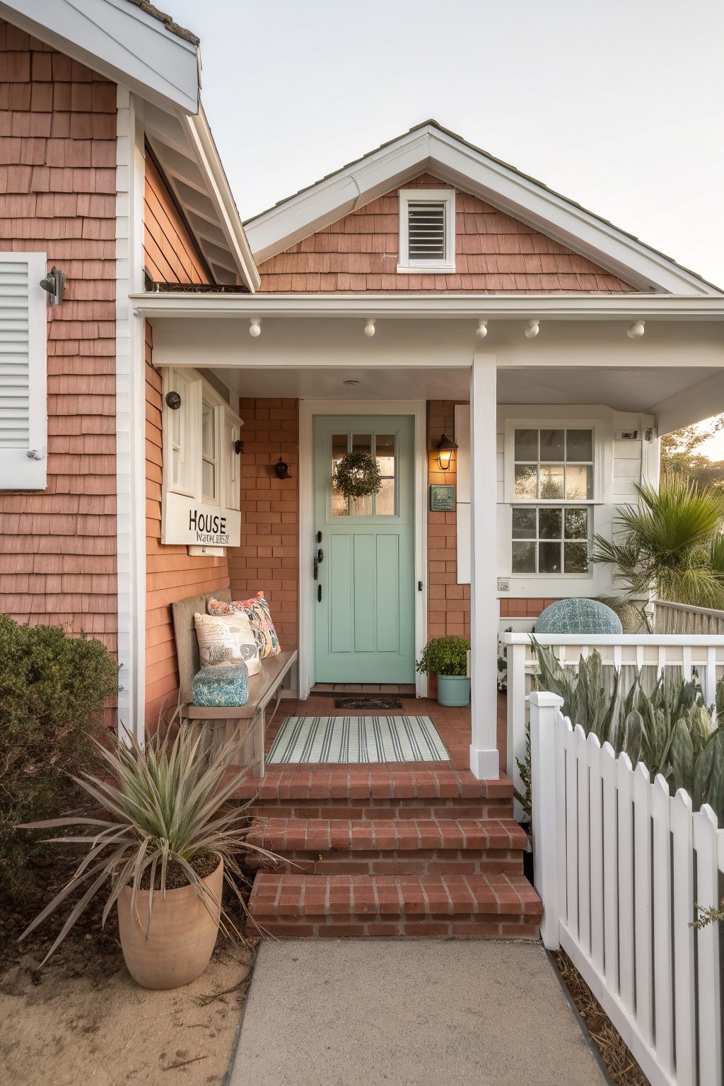 Front view of a shingle siding cottage with teal front door, white porch and trim, wooden bench with pillows, red brick steps, potted plants, and white picket fence.