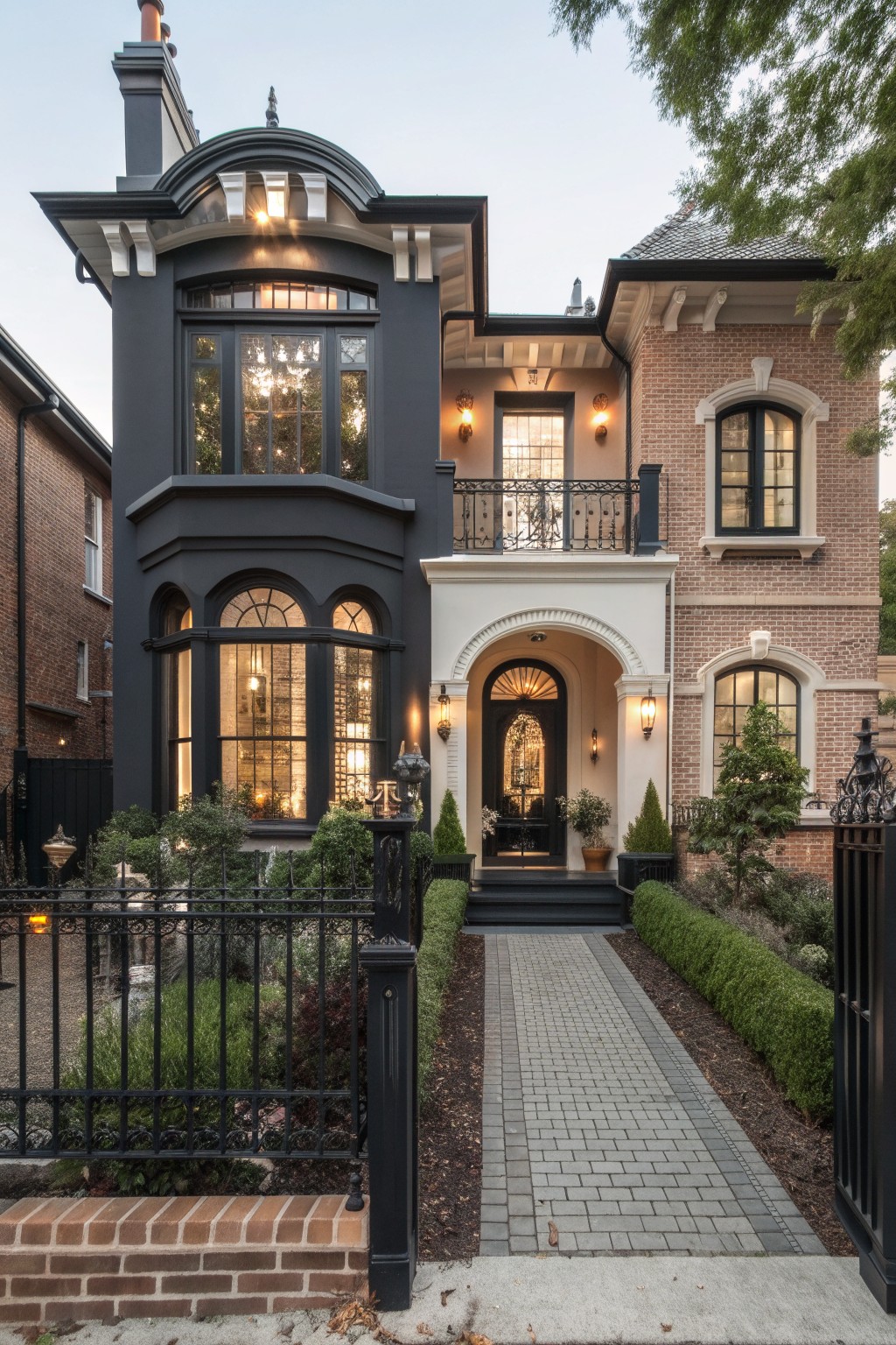 A two-story house exterior with black painted left section featuring arched bay windows, beige brick right section, white arched entryway, black wrought iron fence, boxwood shrubs, and a brick walkway.