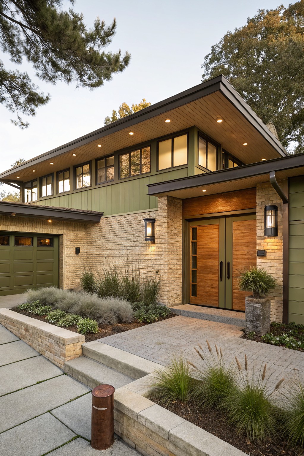 Two-story modern house exterior featuring natural tan brick base, sage green painted vertical siding above, green garage door, double wooden entry doors with glass panels, recessed lighting, and low native plantings along the front walkway.