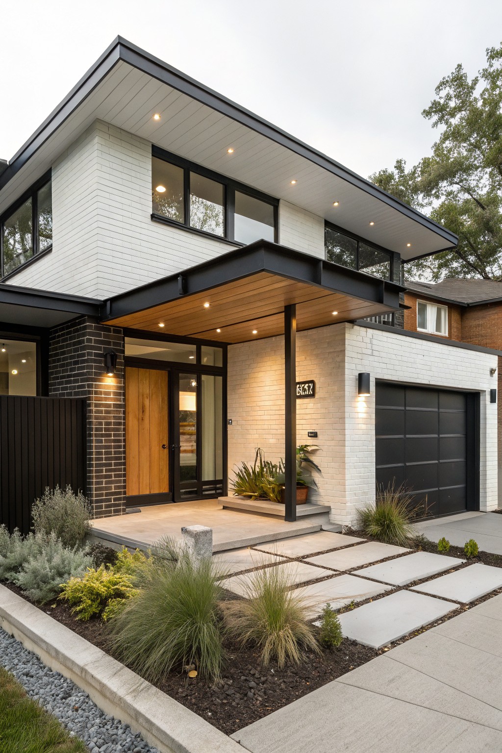 Modern two-story house exterior featuring white brick walls with black brick accents at the entryway and garage, a cantilevered wooden canopy over the wooden front door, black metal elements, and gravel-bordered landscaping with grasses and shrubs along the concrete pathway.