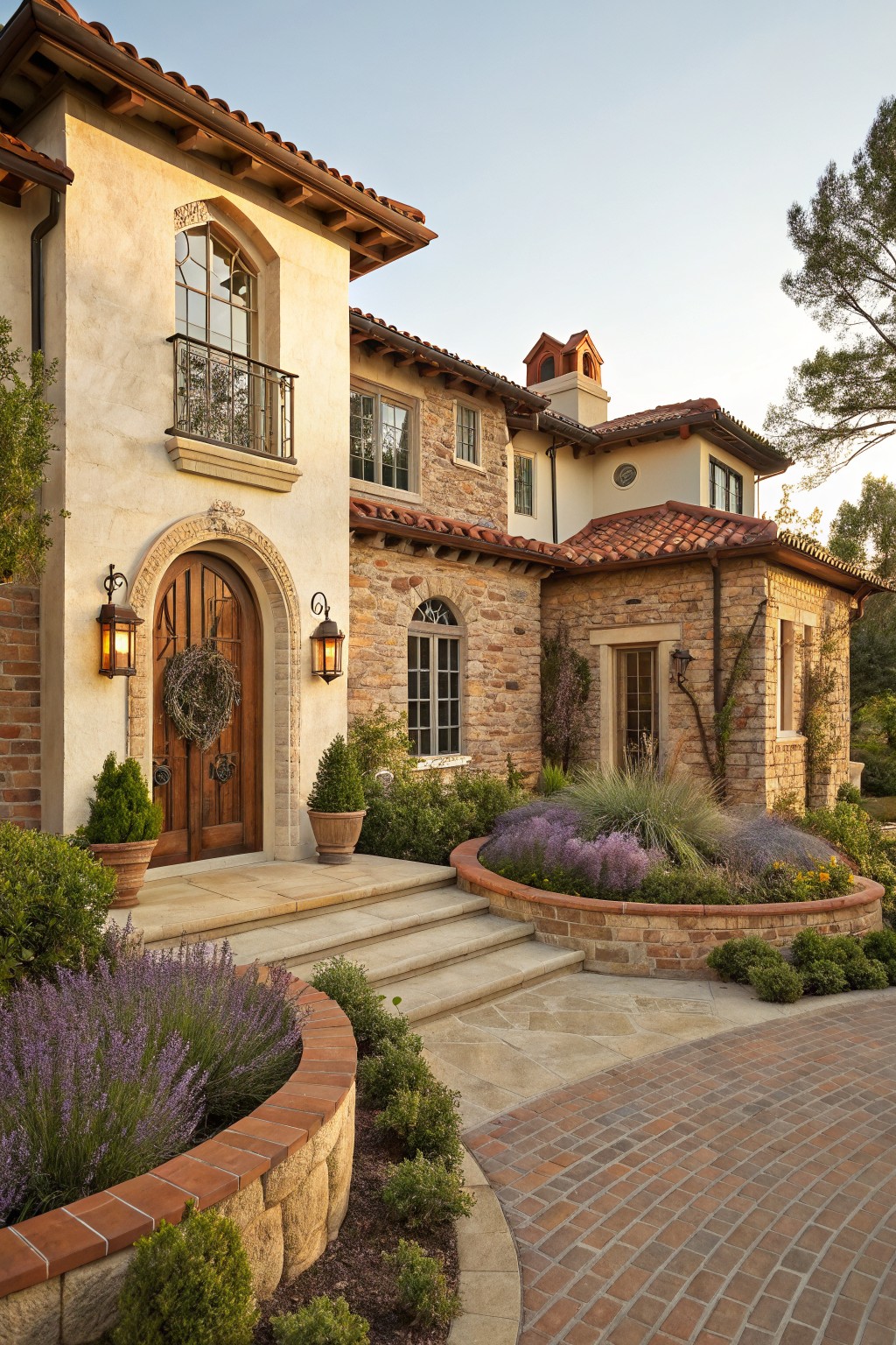 A two-story Mediterranean-style house exterior with light stucco walls, brick and stone accents, arched wooden front door with lanterns, terracotta tile roof, and curved landscaping beds with lavender plants along a brick-paver driveway.