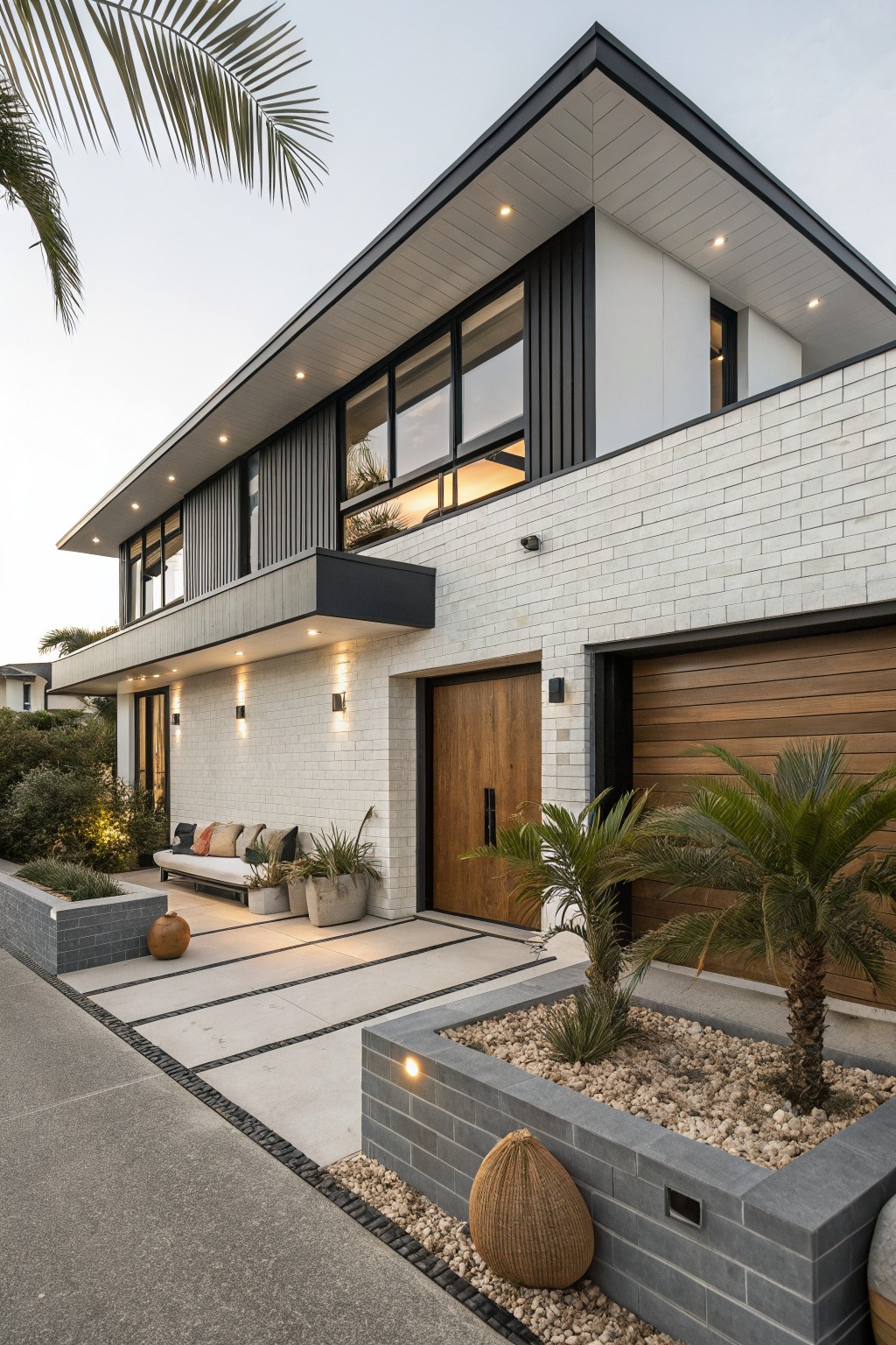 Modern two-story house exterior with white brick lower walls, black vertical timber cladding on upper levels and garage, wooden front door and garage door, flanked by palm trees and landscaped planters on a paved driveway.