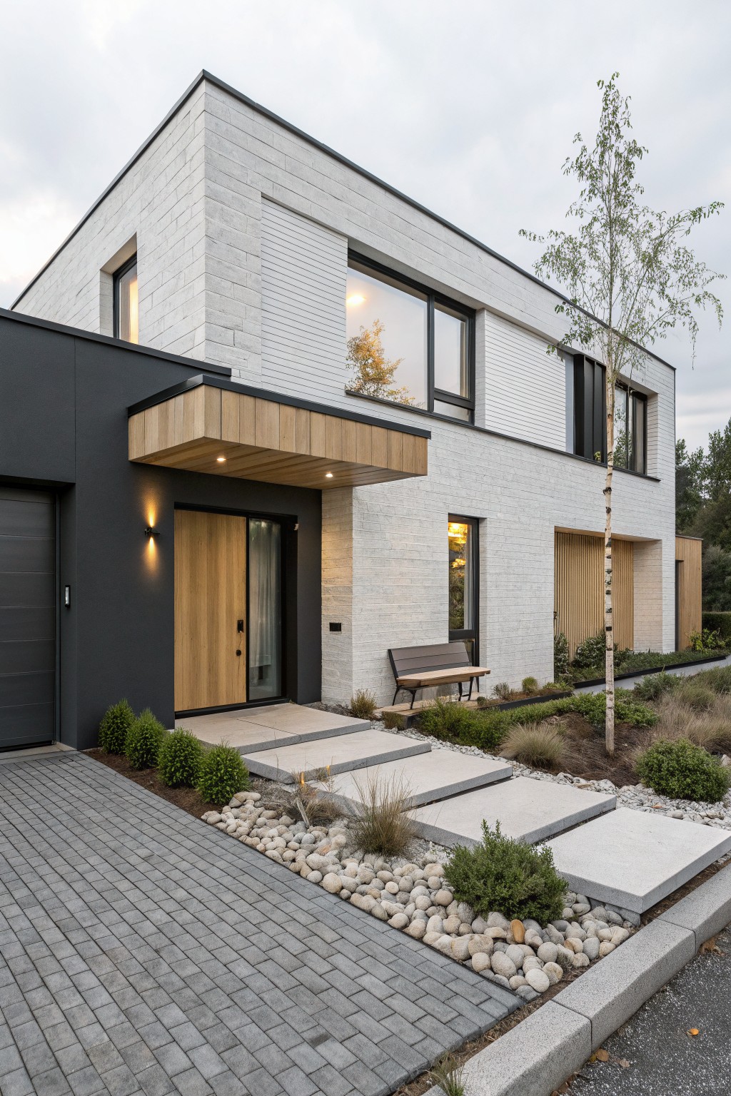 Modern house exterior with white brick walls on upper level, black siding and garage door on lower level, wooden canopy over entry door, concrete steps, gravel mulch, low shrubs, and a birch tree.