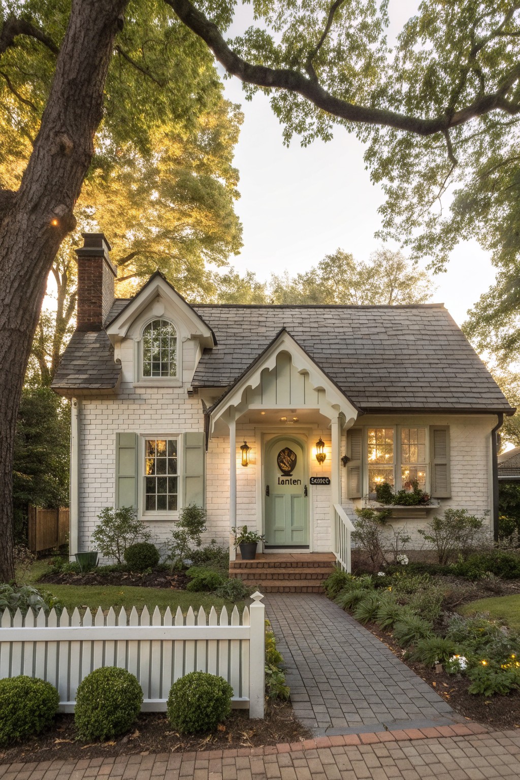 White painted brick house with mint green arched front door, green shutters on side windows, covered porch with lanterns, brick chimney, white picket fence, gravel walkway, and landscaped yard with shrubs and large trees.