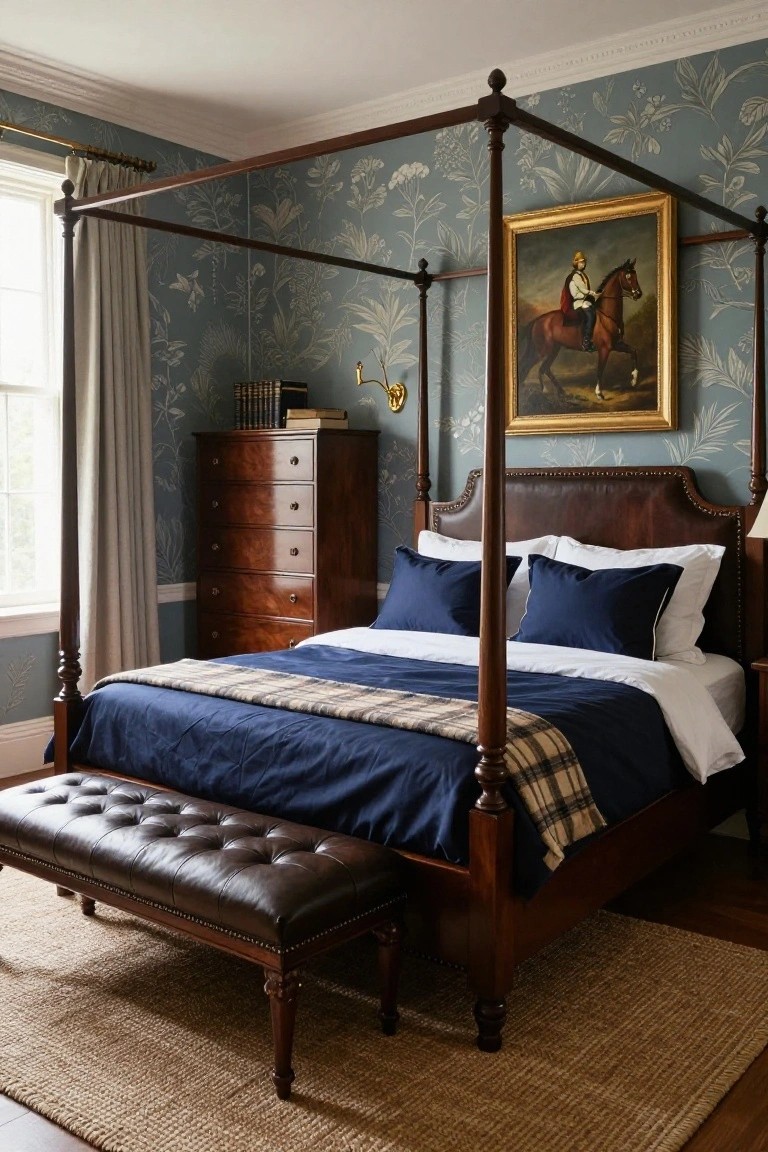 Bedroom with dark wood four-poster bed featuring leather headboard, navy duvet and pillows, plaid throw, wooden chest of drawers, botanical wallpaper, and framed equestrian portrait painting.