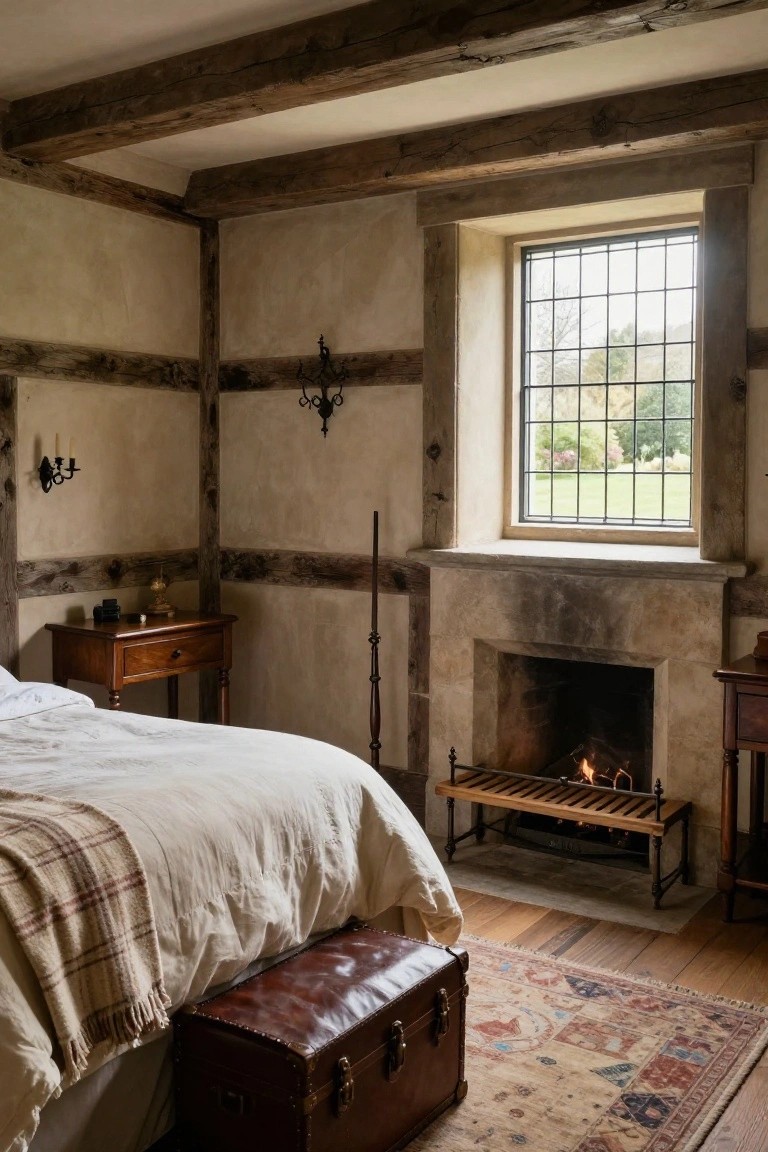 Bedroom interior with dark exposed wooden beams on ceiling and timber-framed walls, white bed with plaid throw and leather trunk, lit stone fireplace, wooden furniture, candle sconces, and barred window showing garden view.