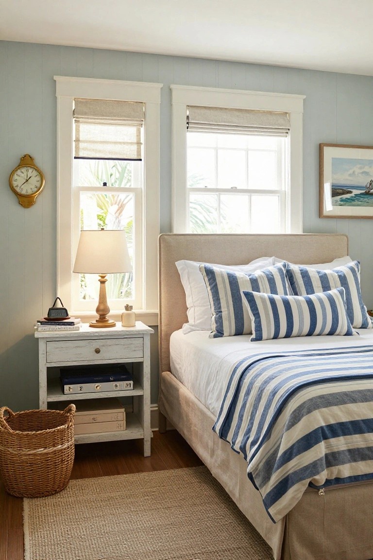 Corner of a bedroom with pale blue plank walls, a beige upholstered bed dressed in blue-and-white striped pillows and duvet, white wooden nightstand holding a table lamp and books, gold wall clock, and wicker basket on hardwood floor.