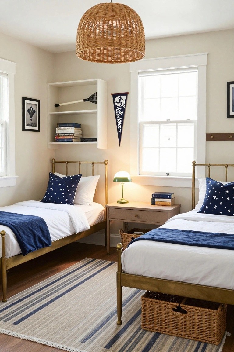 Bedroom with two brass twin beds covered in white sheets and navy throws, navy star pillows, wooden nightstands, white floating shelves holding books and a lacrosse stick, Yale pennant, rattan pendant light, and striped rug on wood floor.