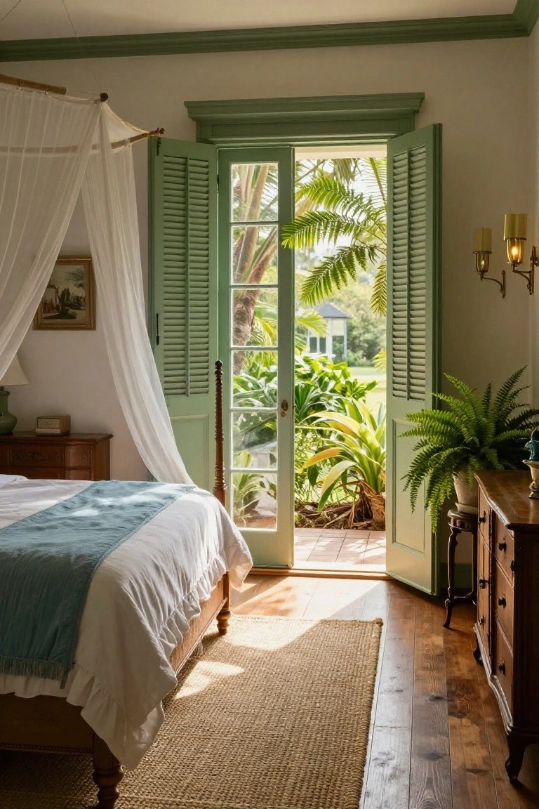 Bedroom with wooden four-poster bed under white canopy drapes, open green shuttered French doors showing tropical plants and trees, wooden dresser, lamp, and seagrass rug on hardwood floor.