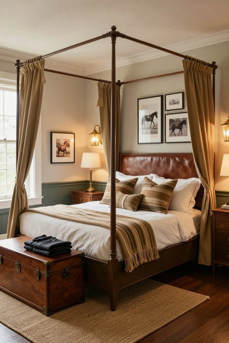 Bedroom interior with a dark wood four-poster canopy bed draped in tan fabric, brown leather headboard, neutral pillows and throw, equestrian black-and-white photos on walls, wooden nightstands with lamps, and a wooden trunk at the bed's foot on hardwood floors with seagrass rug.