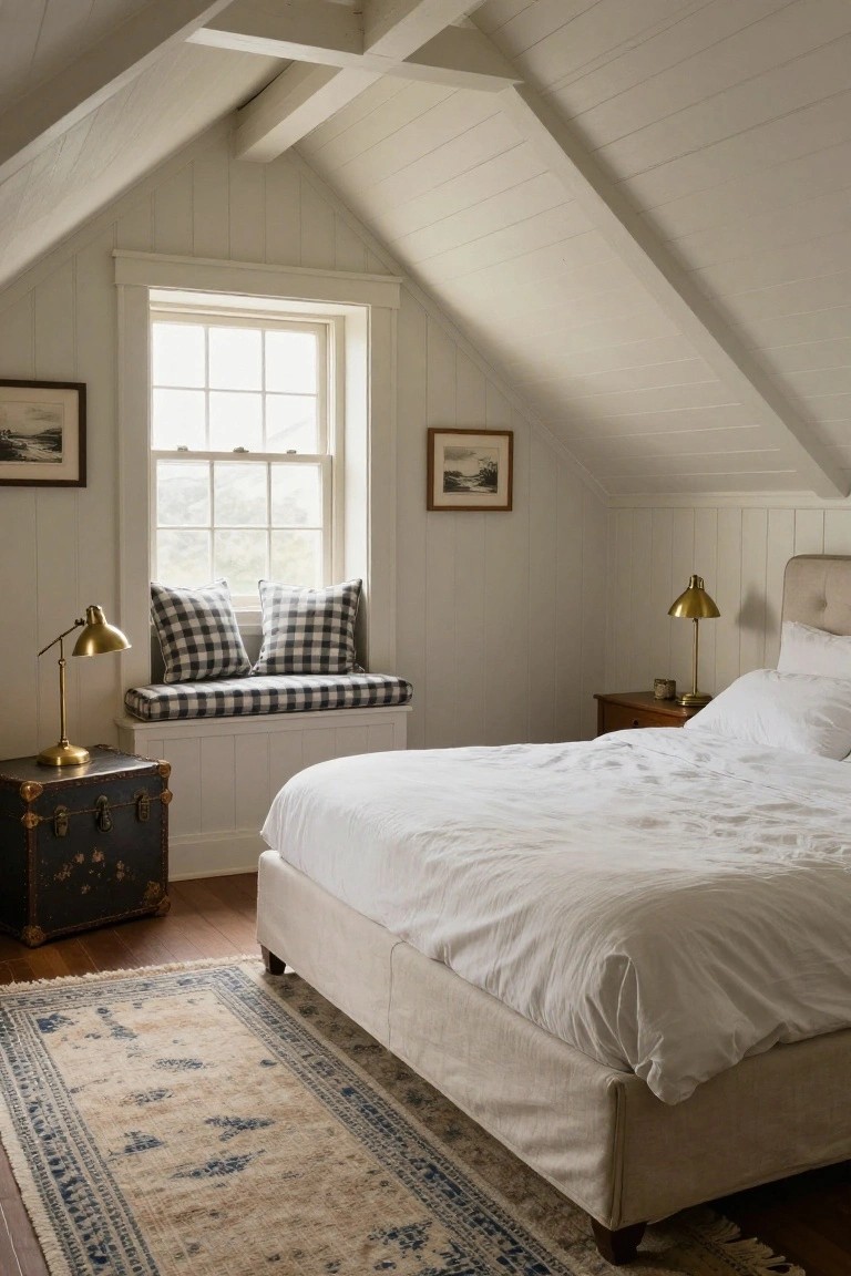 Attic bedroom interior with white shiplap walls and sloped beamed ceiling, built-in window seat with black-and-white checkered cushions and brass lamp, upholstered bed with white linens, wooden trunk and nightstand, and beige Persian-style rug on wood floor.