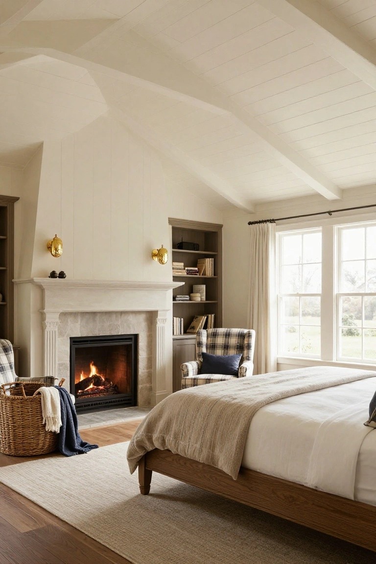 Bedroom with vaulted white ceiling, lit stone fireplace flanked by bookshelves, plaid armchair with pillows, neutral bed, basket with blankets, and windows showing a yard view.