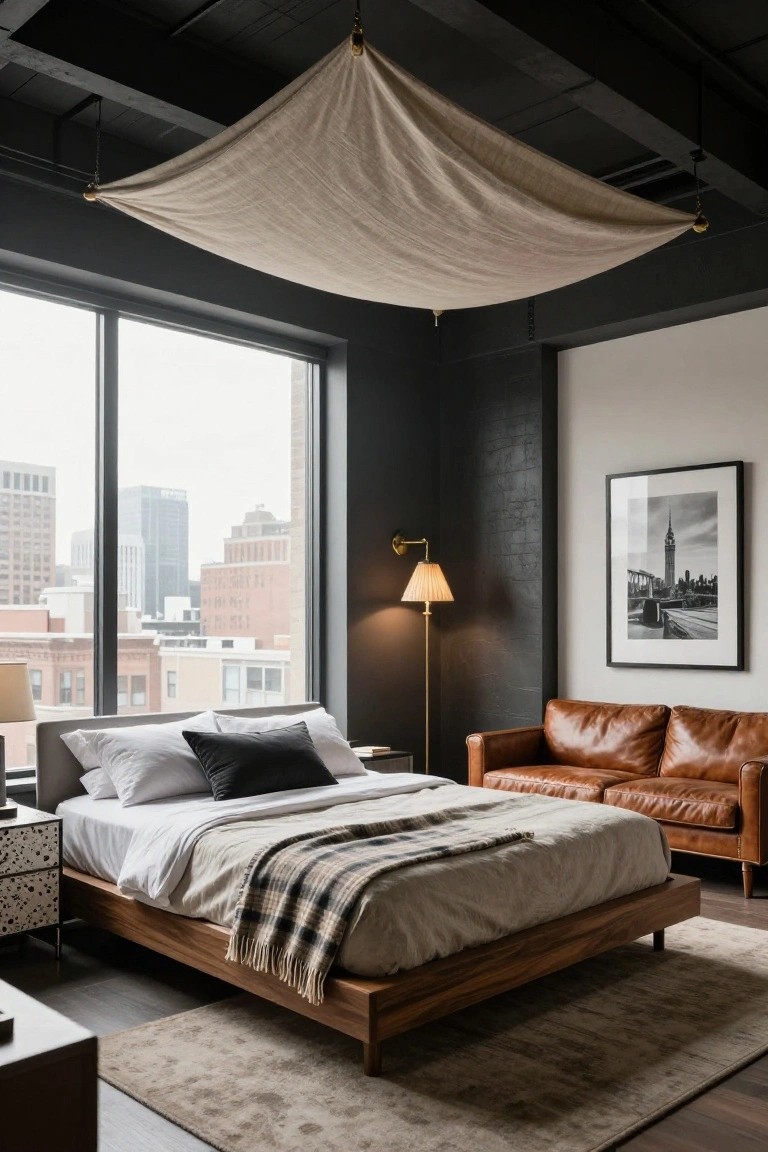 Modern bedroom interior featuring a large beige fabric canopy draped over a wooden platform bed, paired with a tan leather sofa, black exposed ceiling beams, city skyline windows, and a black-and-white photo on a light wall.