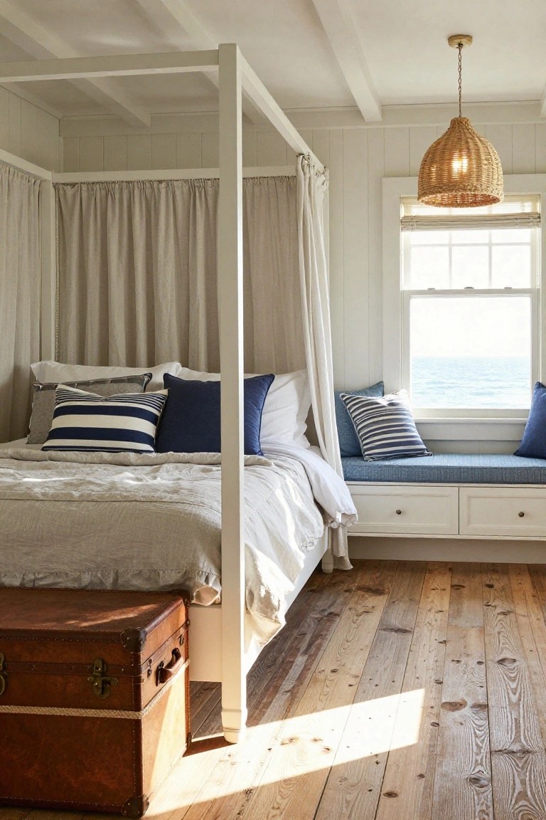 White four-poster bed with beige draped curtains in a wood-paneled bedroom with ocean view through window, blue striped pillows, built-in window bench, and leather trunk on wood floor.