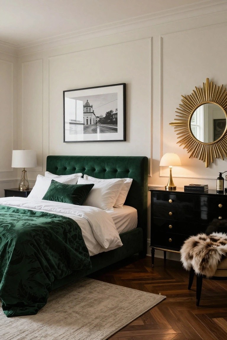 Bedroom interior with emerald green velvet tufted bed and duvet over white sheets, flanked by white lamps on black nightstands, black dresser with gold handles, gold sunburst mirror on cream paneled wall, and herringbone wood floor.
