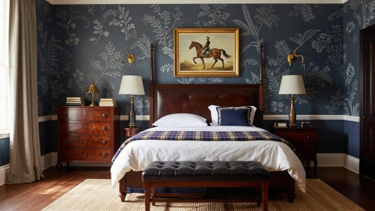 Bedroom with dark wood four-poster bed featuring leather headboard, navy duvet and pillows, plaid throw, wooden chest of drawers, botanical wallpaper, and framed equestrian portrait painting.