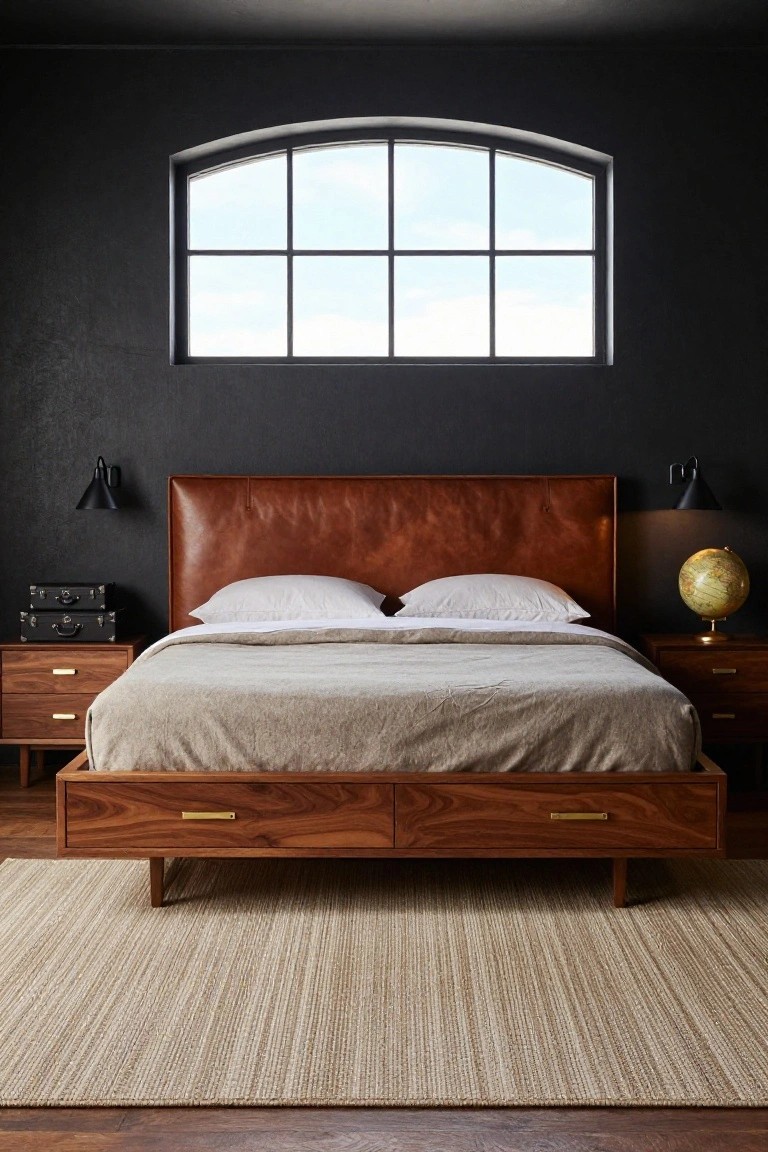 Bedroom with dark textured walls, arched window, brown leather upholstered headboard on a low walnut platform bed with drawers, matching nightstands, globe lamp, and beige rug.
