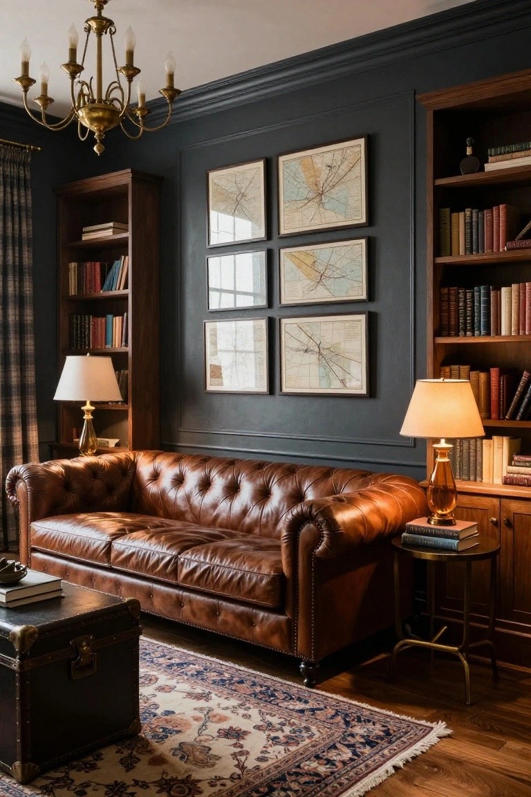 Dark-paneled interior room featuring a brown tufted leather Chesterfield sofa, wood bookshelves filled with books, four framed vintage maps on the wall, table lamps, a chandelier, and a patterned rug on hardwood floors.