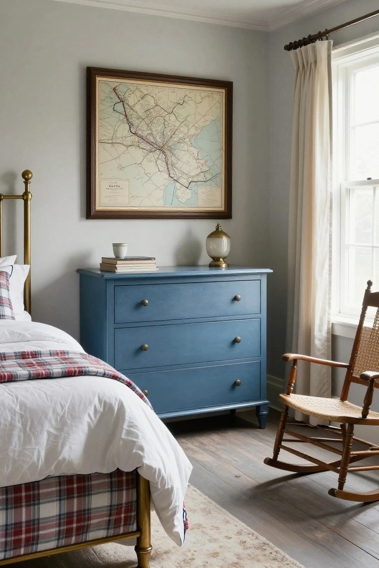 Gray bedroom corner with brass bed draped in white bedding and plaid accents, navy blue dresser topped with books and lamp, wicker rocking chair by sheers-covered window, and large framed antique map of Nantucket on wall.