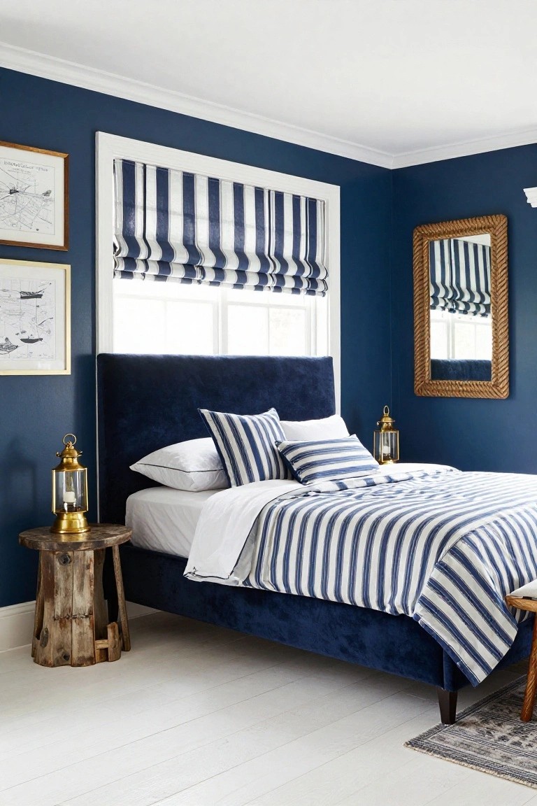 A bedroom with navy blue walls, a navy velvet upholstered bed frame, white and navy striped bedding and roman shades on the windows, nautical artwork, brass lanterns on wood side tables, and white wood floors.