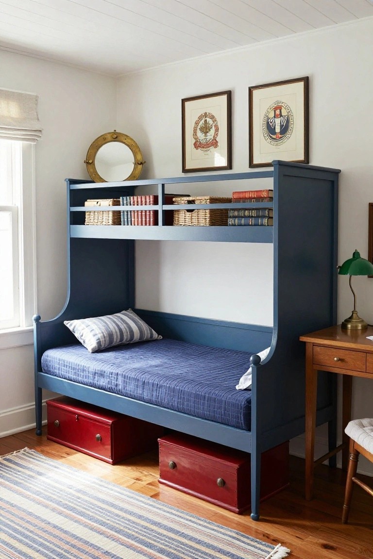 Navy blue wooden daybed with curved headboard, overhead open shelving holding books and woven baskets, red under-bed drawers, brass nautical mirror, two framed crests on walls, green banker's lamp on wooden desk, and striped rug on wood floor in white bedroom.