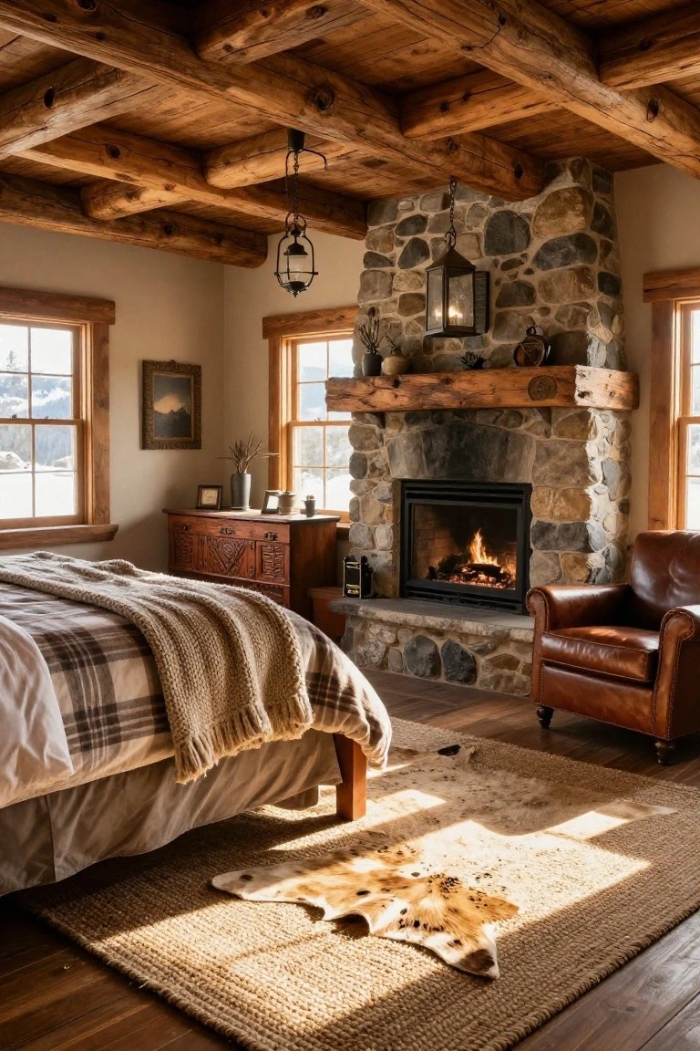 Bedroom interior with exposed wooden ceiling beams, large stone fireplace with burning gas logs, plaid bed with knit throw, carved wooden dresser, leather armchair, cowhide rug on wood floor, and windows overlooking snowy landscape.