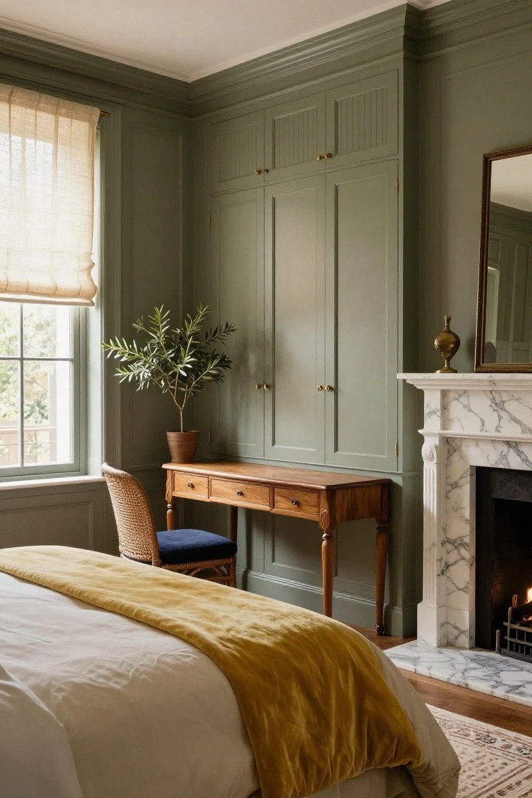 Sage Green Walls and Built-In Cabinets