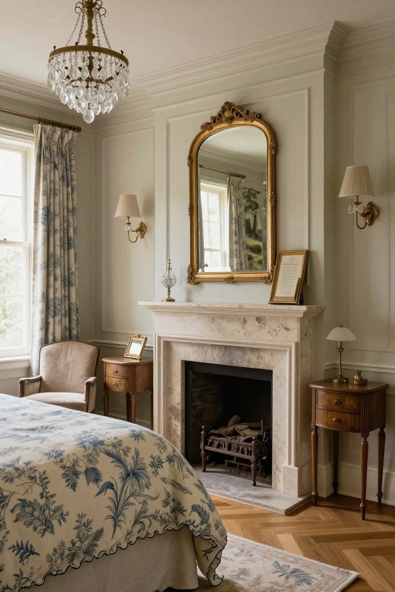 Bedroom with cream paneled walls, blue and white toile bedspread and curtains, marble fireplace topped by a large gilded mirror, crystal chandelier, wooden side tables, and parquet flooring.