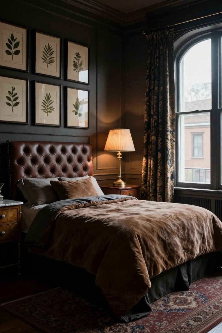 Bedroom interior with dark paneled walls, tufted cognac leather headboard, brass lamp on wooden nightstand, gray and brown velvet bedding, six framed botanical prints, marble-topped side table, and arched window with floral drapes.