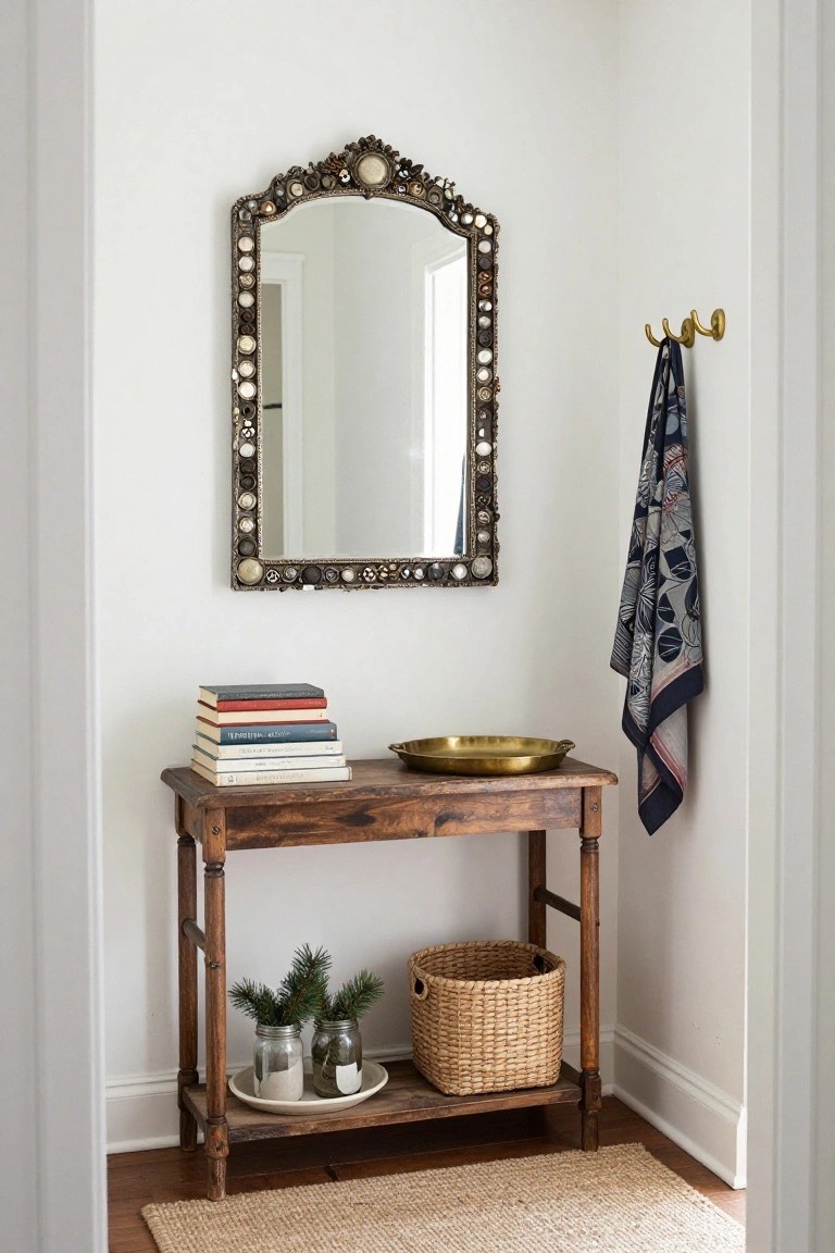 Rustic wooden console with mirror, books, brass bowl, and woven basket.