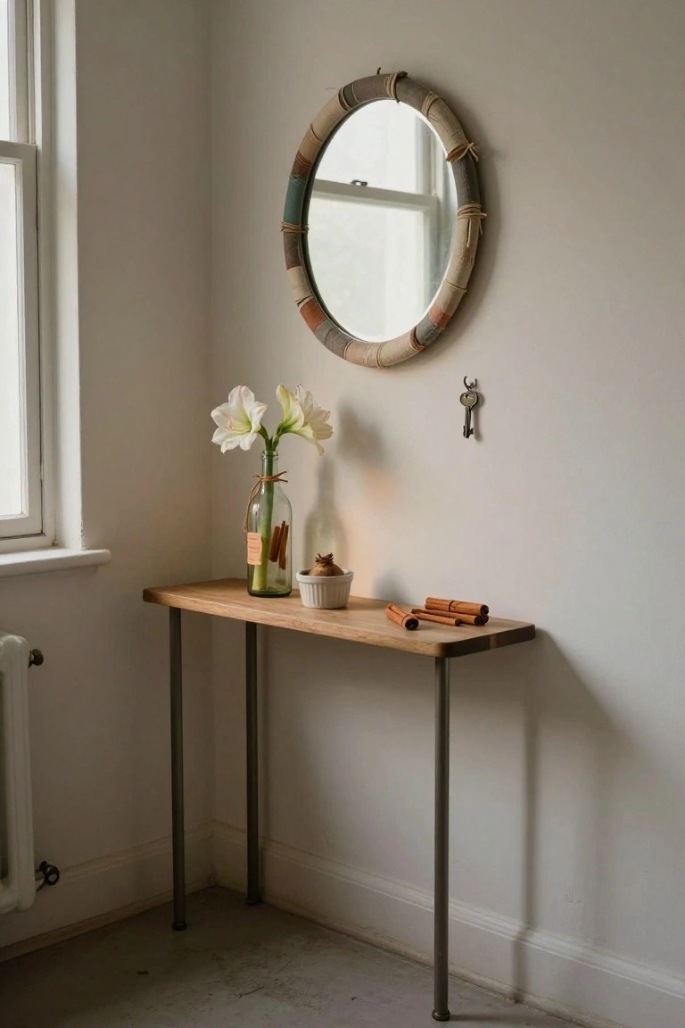 A narrow wood console table in a white corner room holds a green glass bottle vase with white amaryllis flowers and tied cinnamon sticks, a small white dish with a potted plant, and loose cinnamon sticks; a round mirror with multicolored rope-wrapped frame hangs above, with a brass key nearby and a radiator visible.