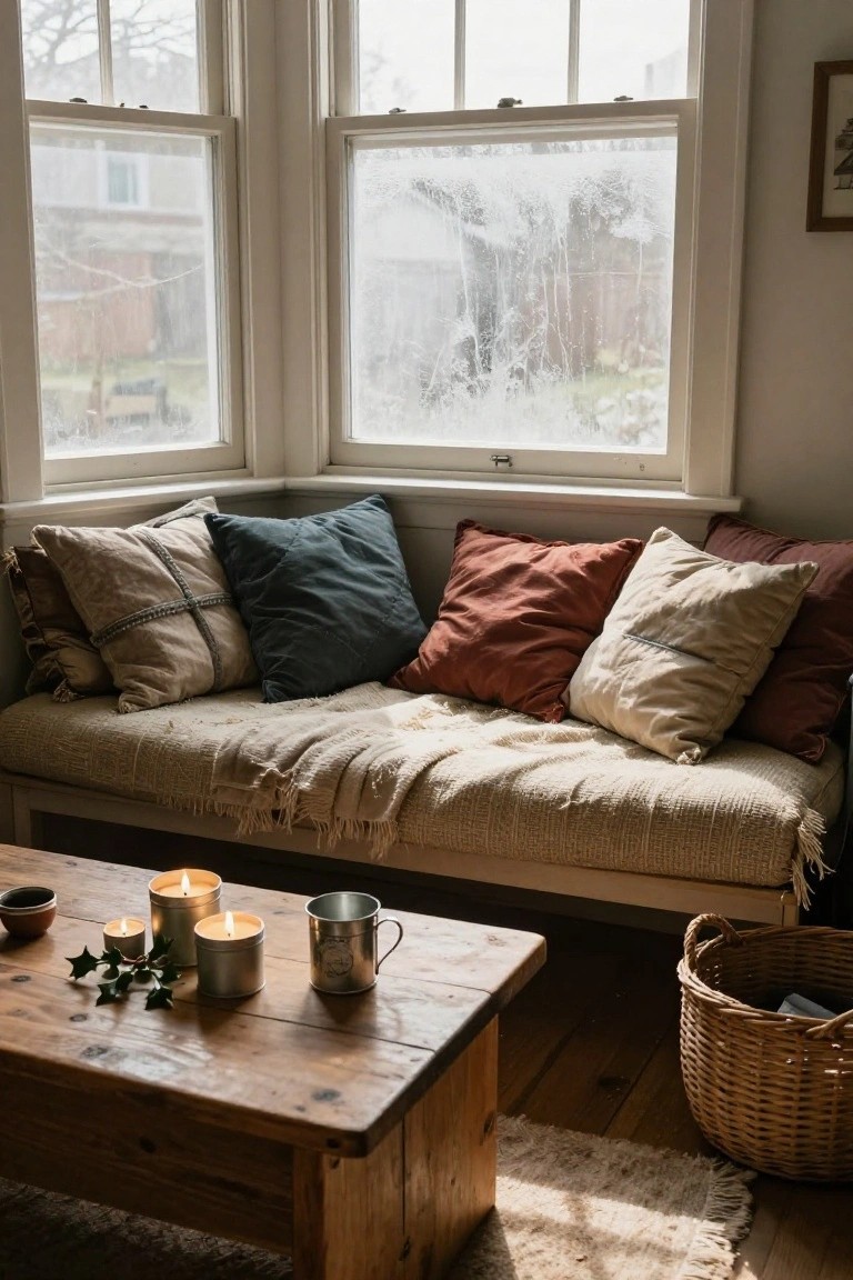 Bay window seat in a cozy room with layered cushions in teal, rust, beige, and cream, beige throw blanket, wooden coffee table holding lit candles, holly sprigs, and metal mug, wicker basket on floor nearby, frosted windows showing winter view outside.