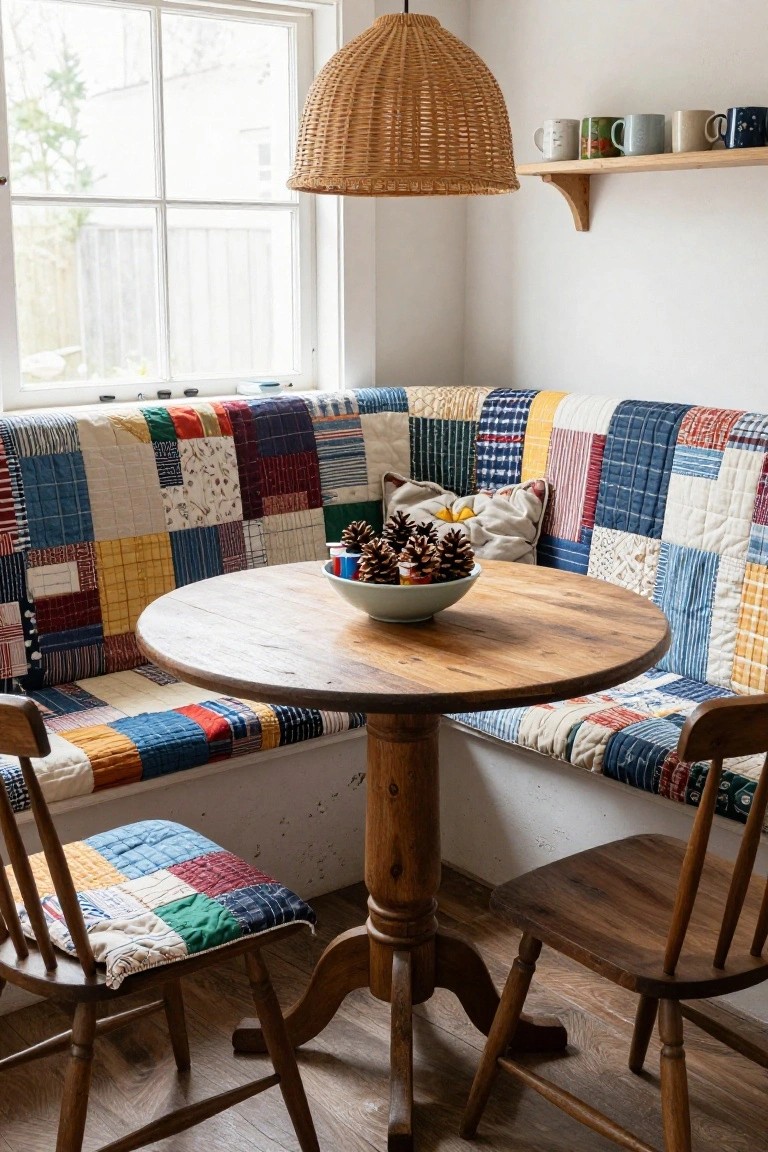 White kitchen corner with L-shaped booth and two chairs upholstered in colorful patchwork quilts, round wooden pedestal table holding a white bowl of pinecones, rattan pendant light overhead, wooden shelf with mugs, and window with natural light.