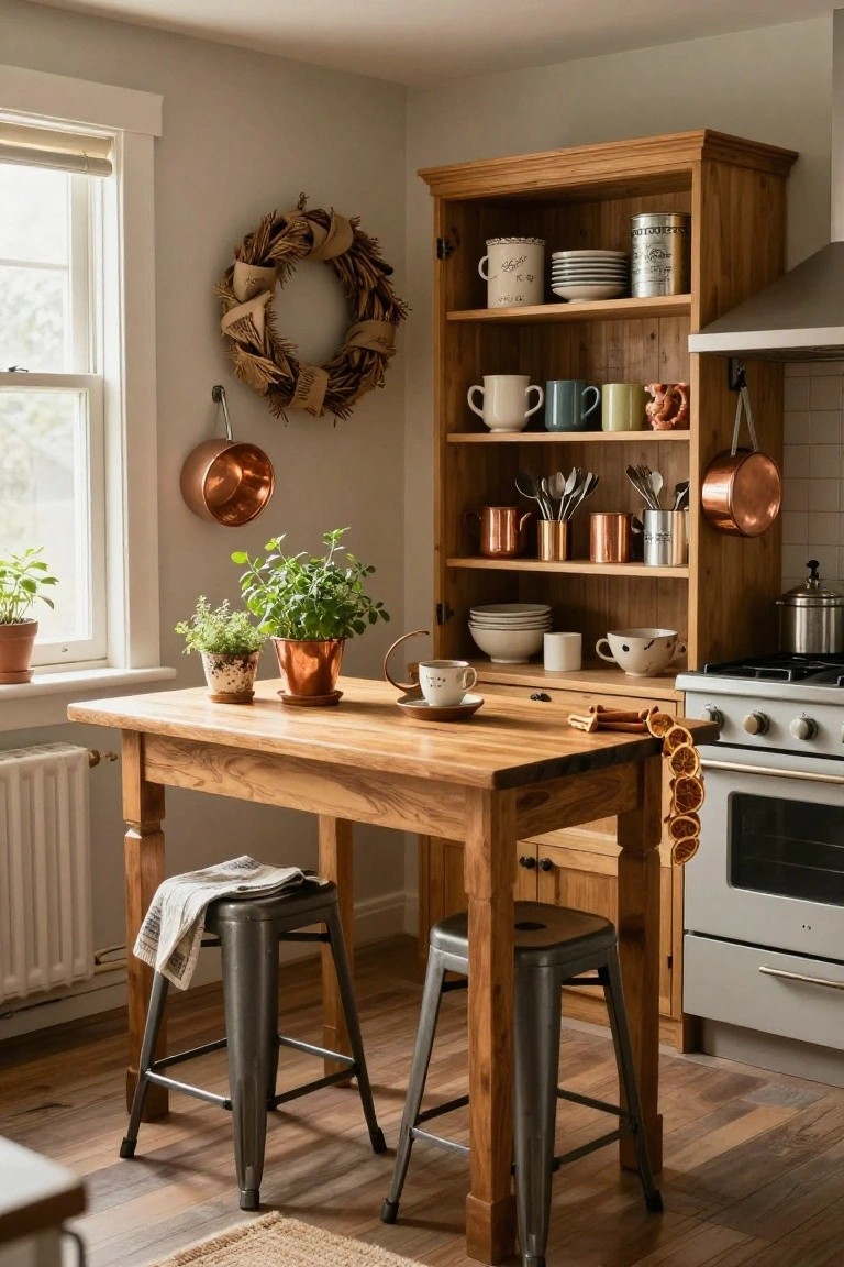 Kitchen with wooden table and stools, draped with dried orange slices and cinnamon sticks, wooden shelves holding dishes, copper pots, plants, and a nearby stove.