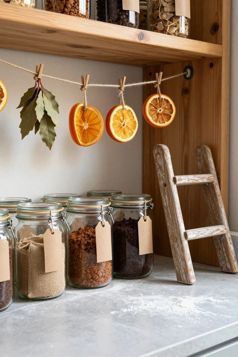 Wooden kitchen shelving unit stocked with glass jars of grains, beans, and spices, with a twine garland of dried orange slices and bay leaves hanging from clothespins below it, next to a small whitewashed wooden ladder on a gray countertop.