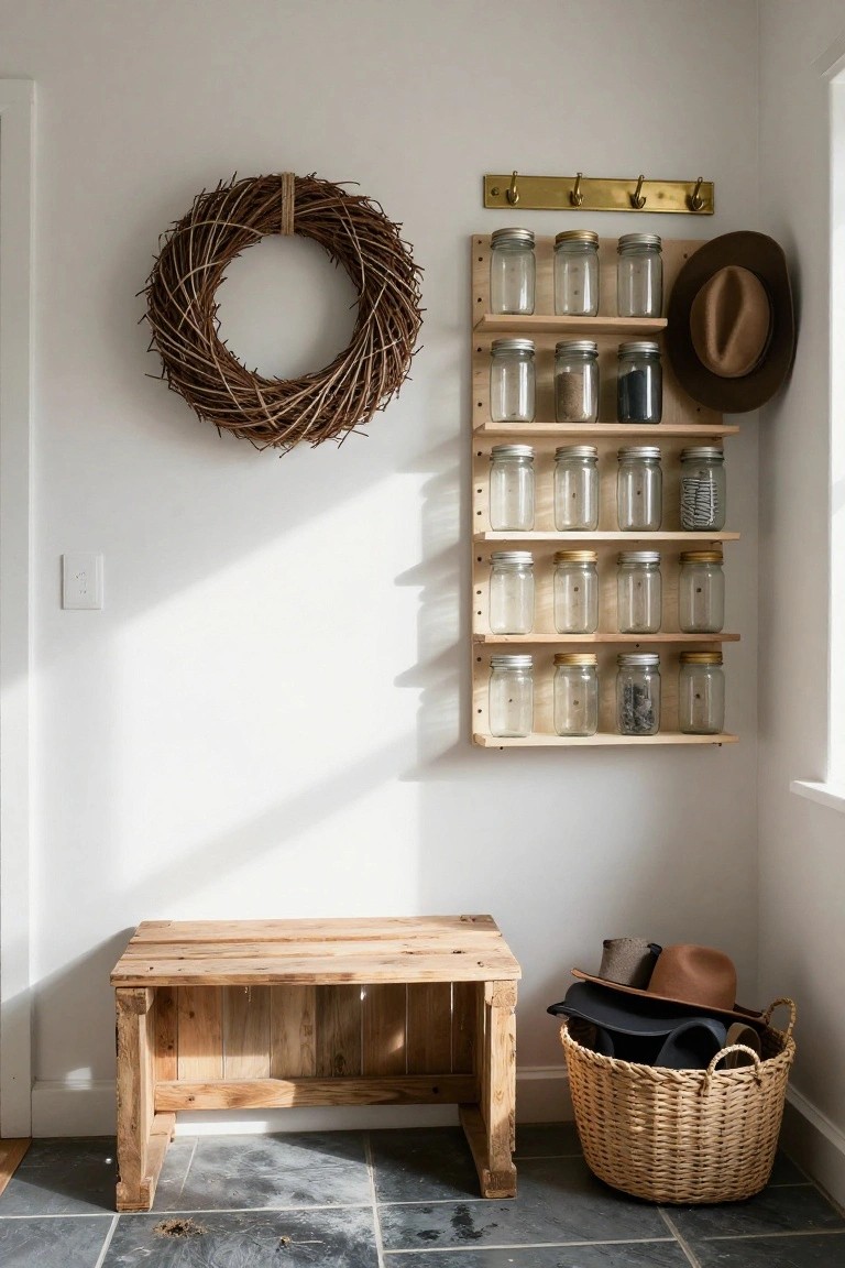 Indoor entryway corner with white walls, a large circular twig wreath hanging on one side, wooden slat shelves holding numerous glass jars with various contents beside brass hooks, a wooden pallet bench, and a wicker basket containing several hats on a dark slate tile floor.