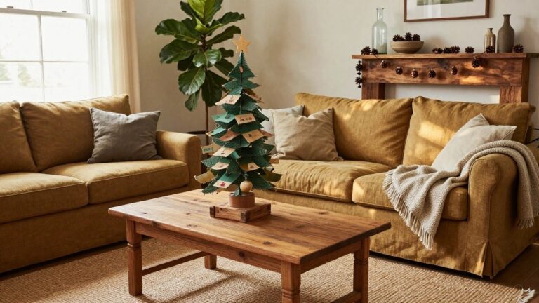 A lit artificial Christmas tree in a cozy beige living room corner decorated with white paper garlands, colorful ornaments, and lights, next to two neutral sofas, a wooden coffee table with pine cones in bowls, and potted plants on shelves.