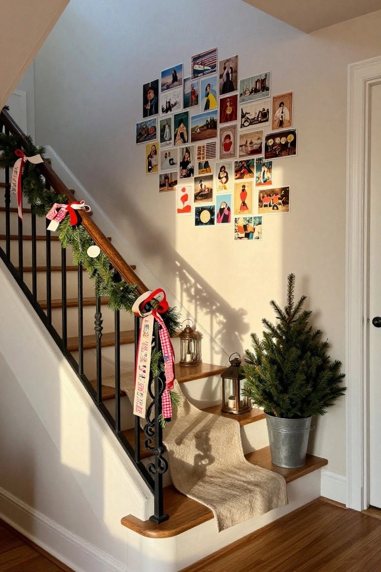 Staircase with dark wood railing wrapped in evergreen garland and red ribbons, a small potted Christmas tree in a metal bucket on the landing, lanterns on a shelf, and a large heart-shaped wall collage of assorted photos and postcards.