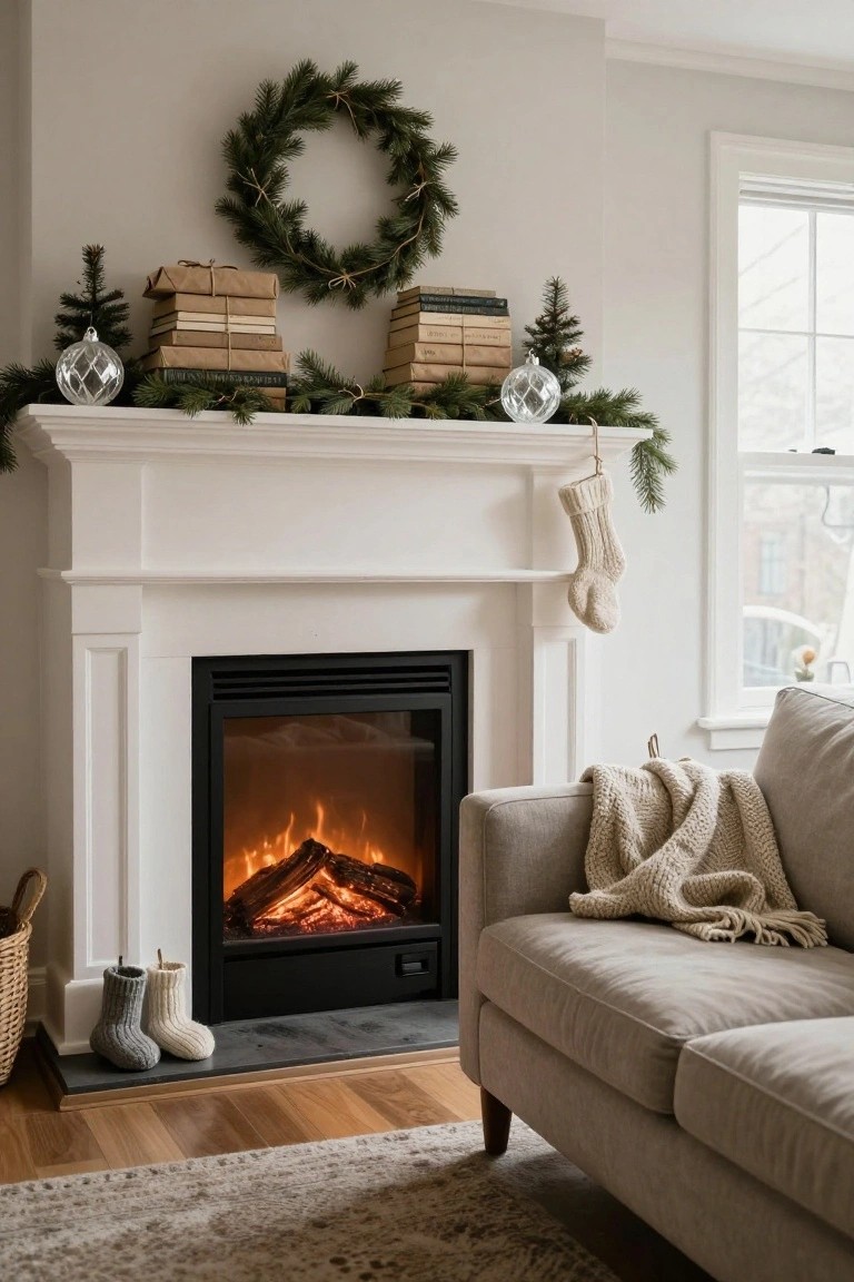 White fireplace mantel decorated with stacks of brown paper-wrapped books, small potted Christmas trees, clear glass ornaments, evergreen garland, and a hanging knit stocking, with an electric fire glowing inside and a beige sofa nearby.