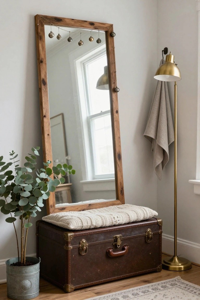 Tall rustic wooden mirror frame mounted on white wall with string of gold Christmas ornaments hanging across the top, next to eucalyptus plant in metal bucket, vintage trunk bench topped with white blanket, gold floor lamp with gray towel draped on it, in corner of light room with window and rug.